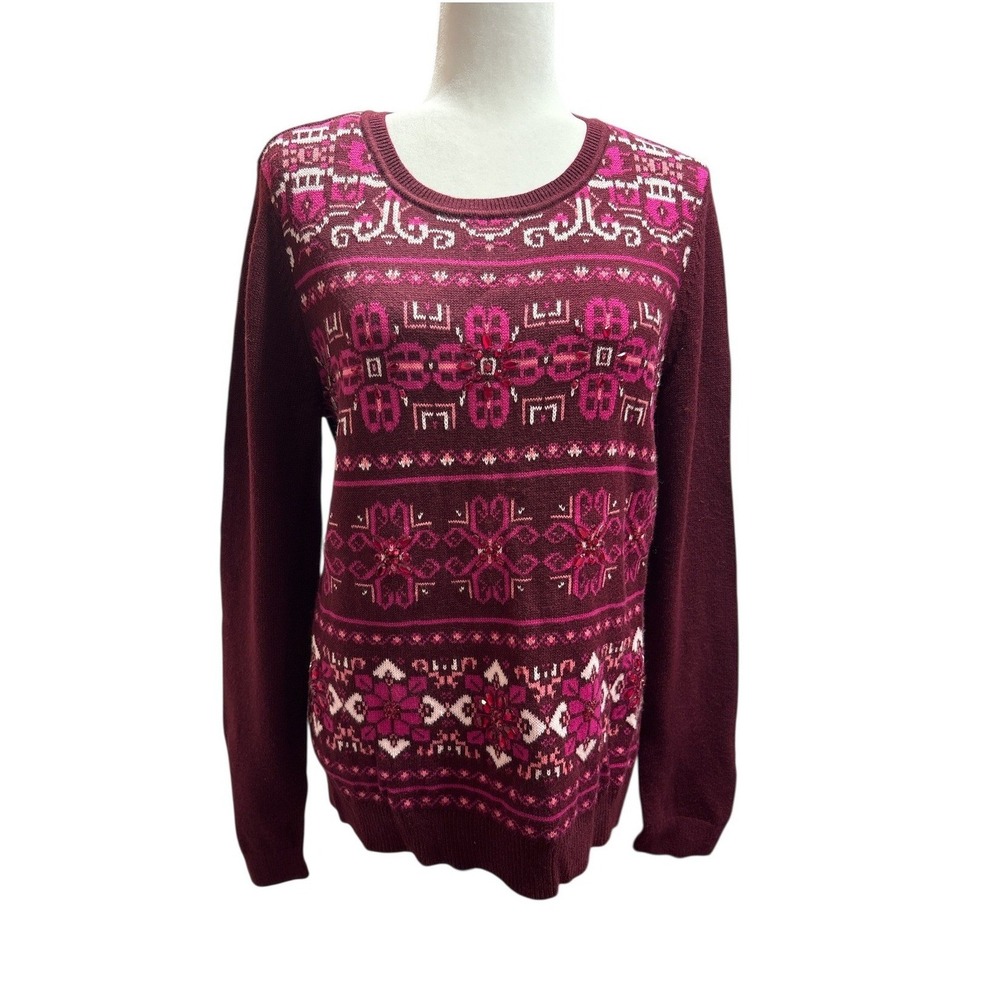 Talbots Womens Burgundy Wool Blend Fair Isle Embellished Crew Neck Sweater Large